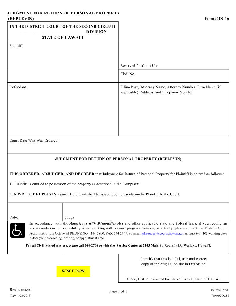 Judgment For Return Of Personal Property {2D-C-56} | Pdf Fpdf Docx | Hawaii