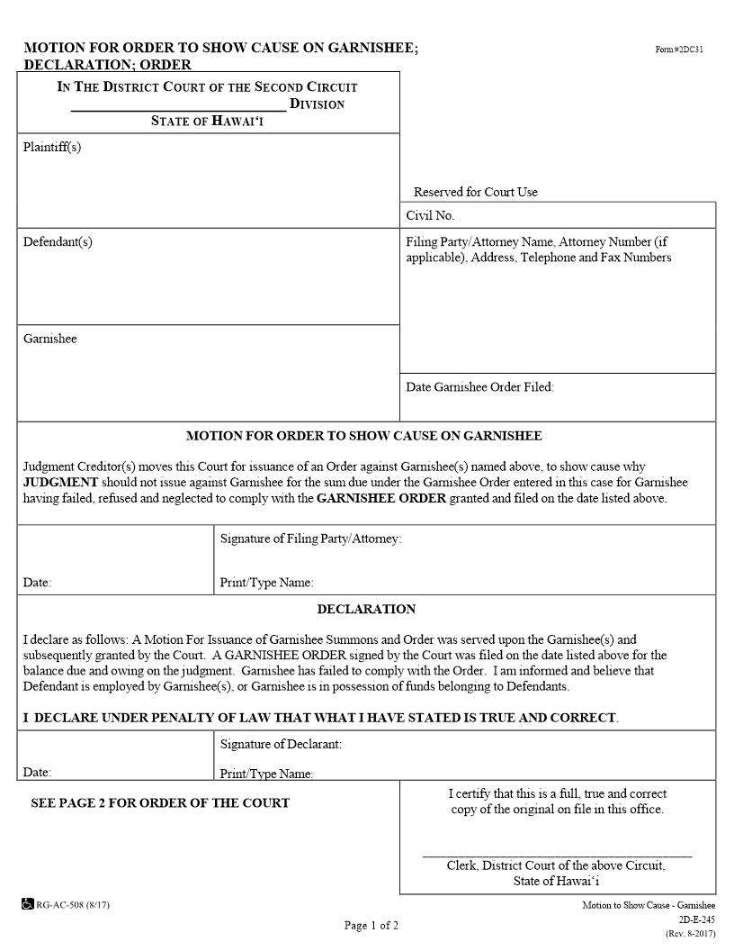 Motion For Order To Show Cause On Garnishee {2DC31} | Pdf Fpdf Doc Docx | Hawaii