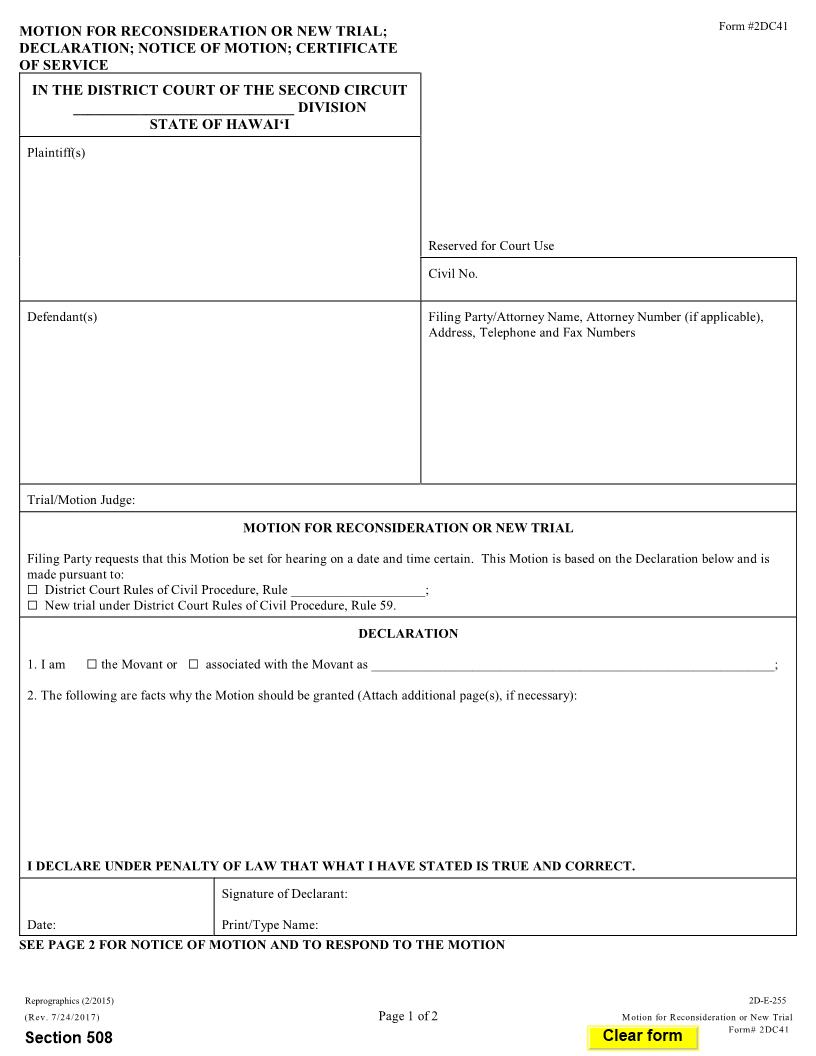 Motion For Reconsideration Or New Trial {2DC41} | Pdf Fpdf Doc Docx | Hawaii