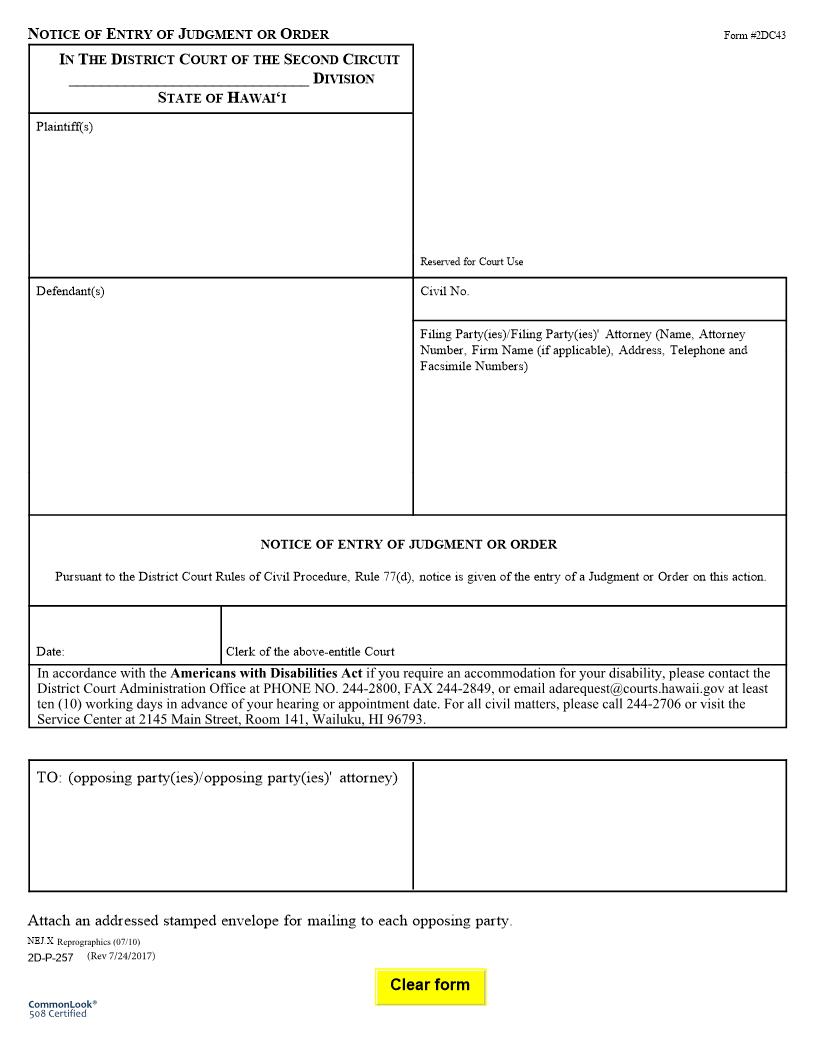 Notice Of Entry Of Judgment Or Order {2DC43} | Pdf Fpdf Doc Docx | Hawaii