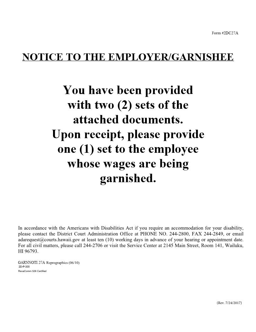 Notice To Employer Garnishee {2DC27A} | Pdf Fpdf Doc Docx | Hawaii