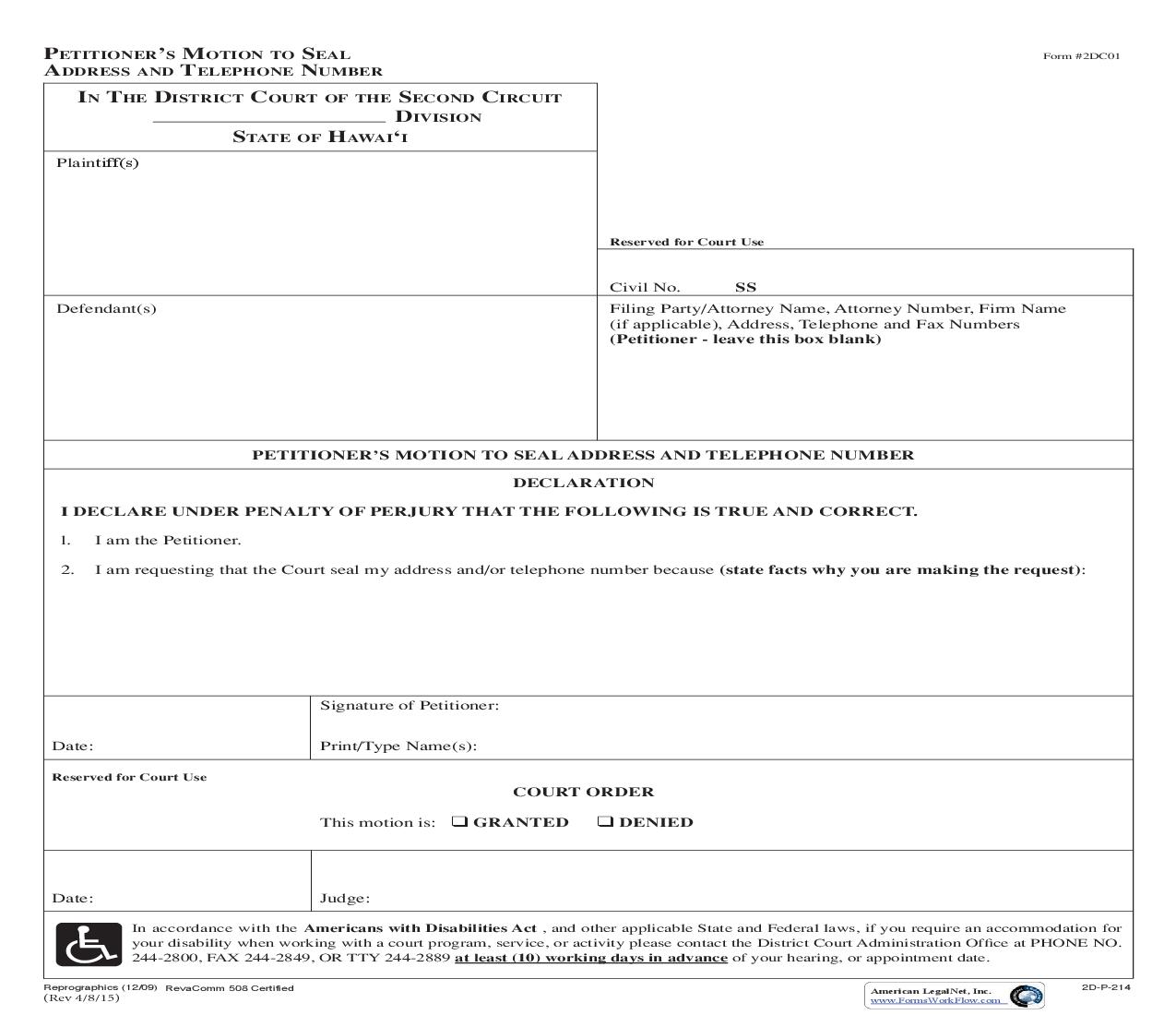 Petitioners Motion To Seal Address And Telephone Number {2DC01} | Pdf Fpdf Doc Docx | Hawaii