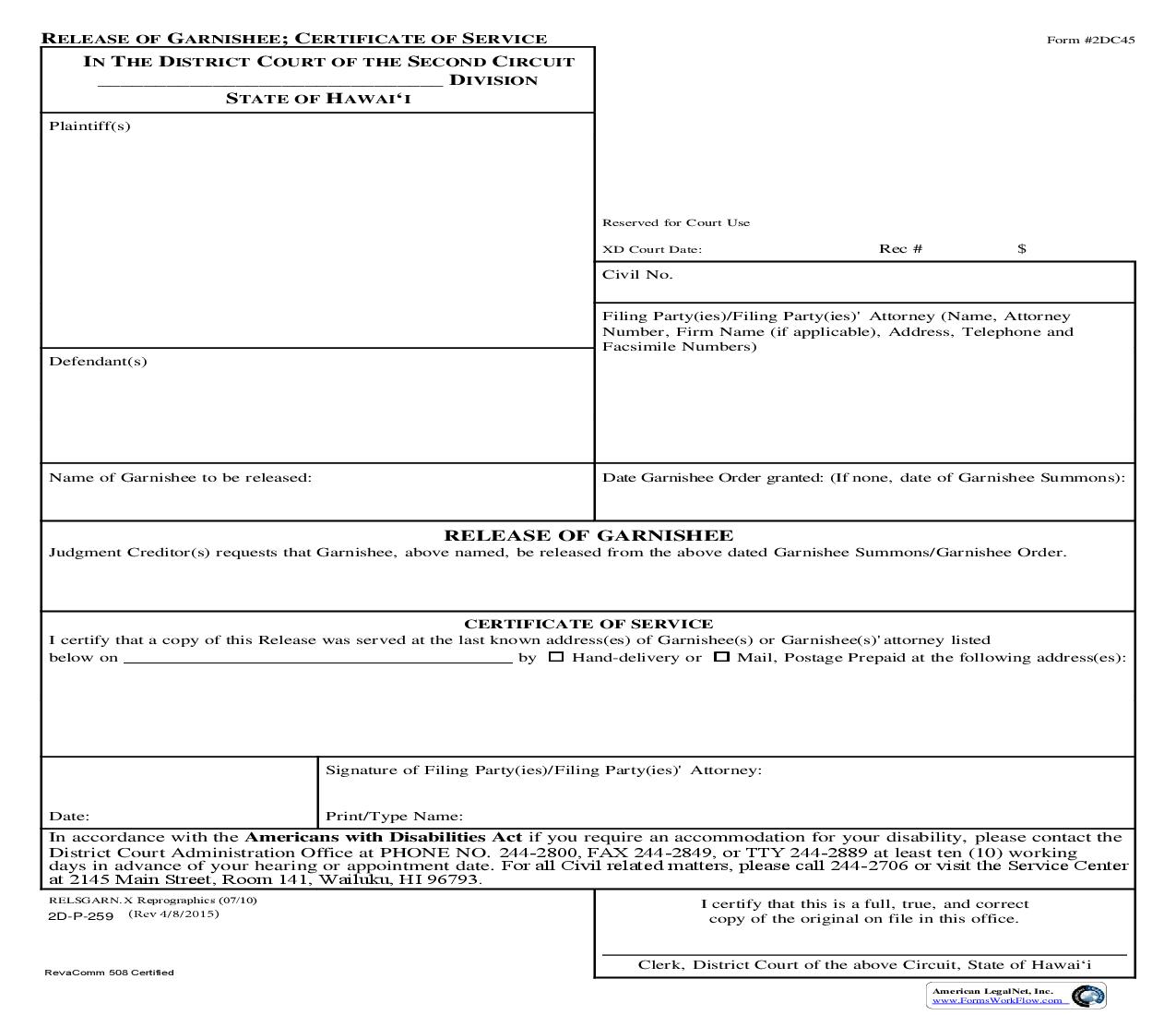 Release Of Garnishee {2DC45} | Pdf Fpdf Doc Docx | Hawaii