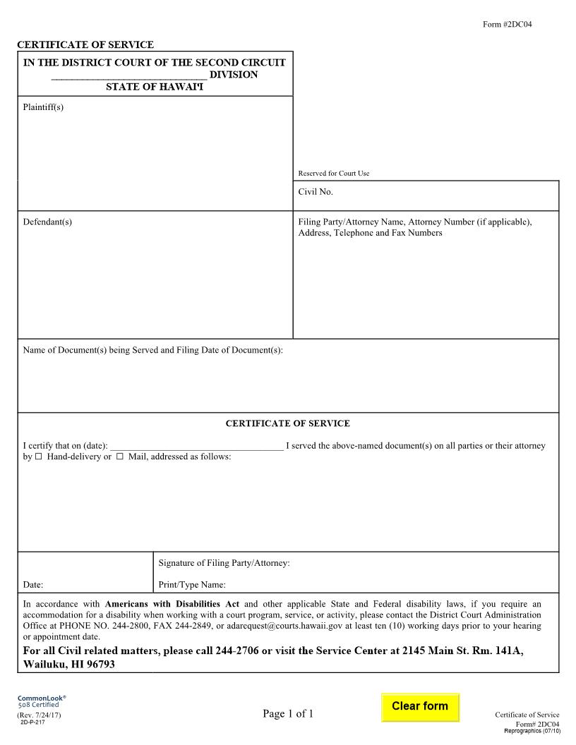 Certificate Of Service {2DC04} | Pdf Fpdf Doc Docx | Hawaii