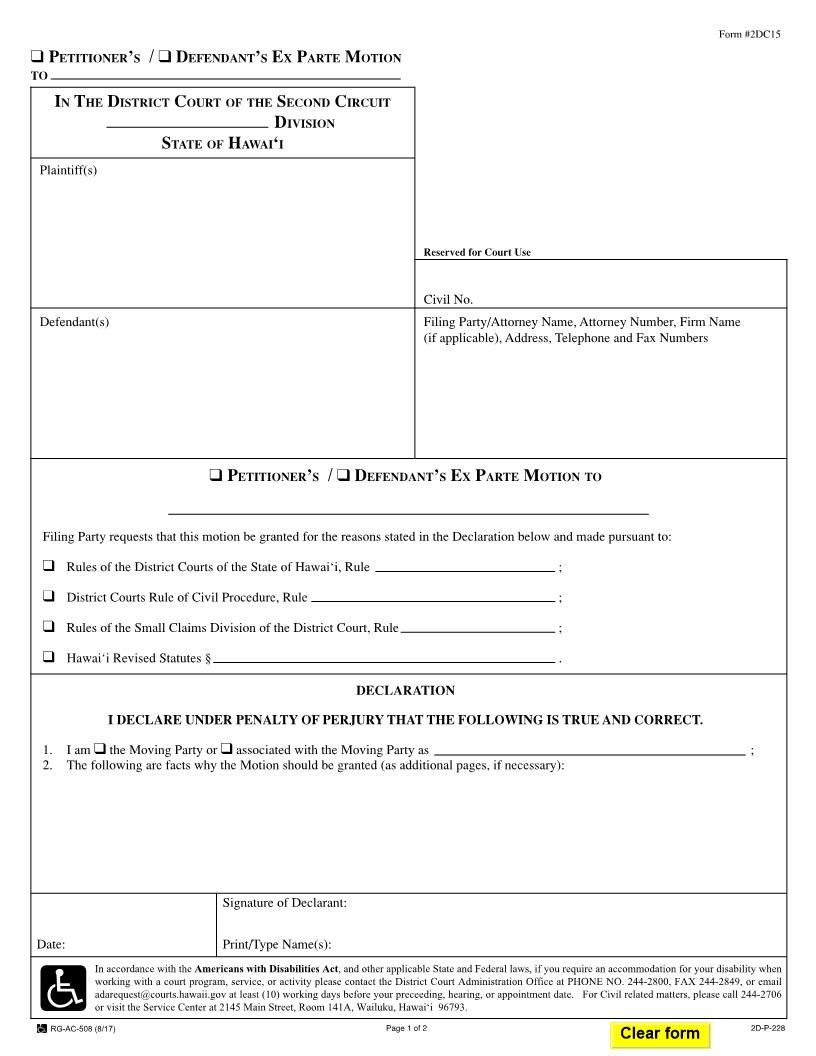 Ex Parte Motion {2DC15} | Pdf Fpdf Doc Docx | Hawaii