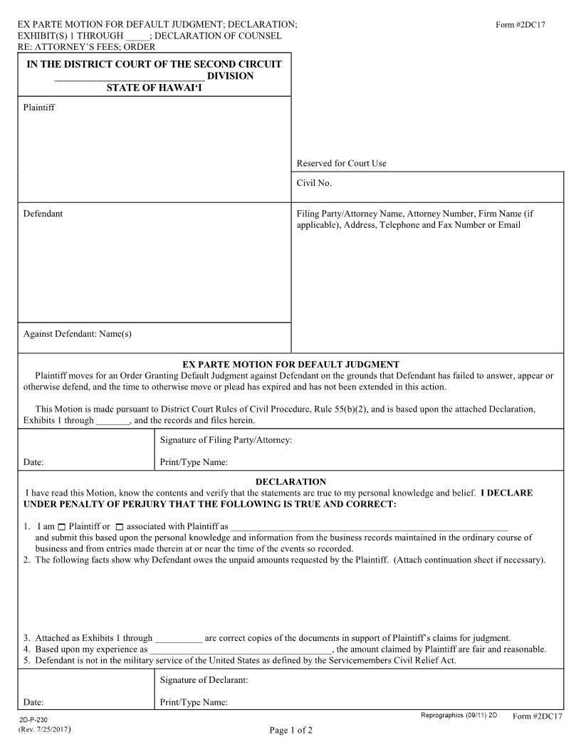 Ex Parte Motion For Default Judgment {2DC17} | Pdf Fpdf Doc Docx | Hawaii