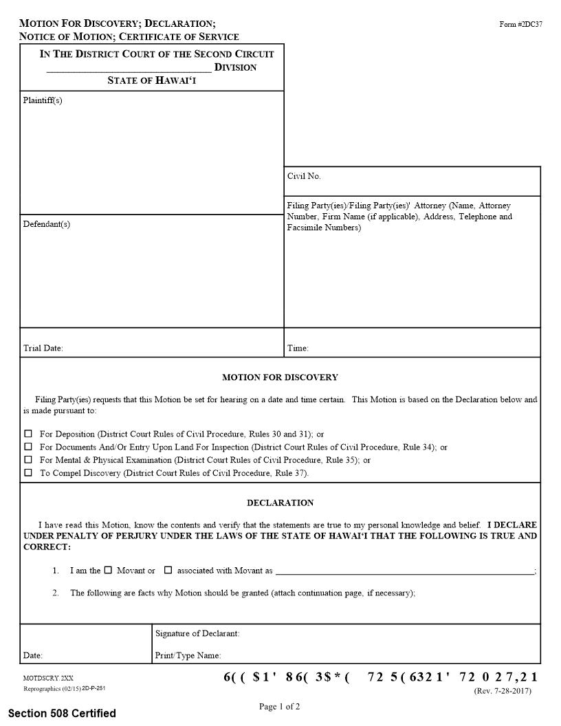 Motion For Discovery {2DC37} | Pdf Fpdf Doc Docx | Hawaii