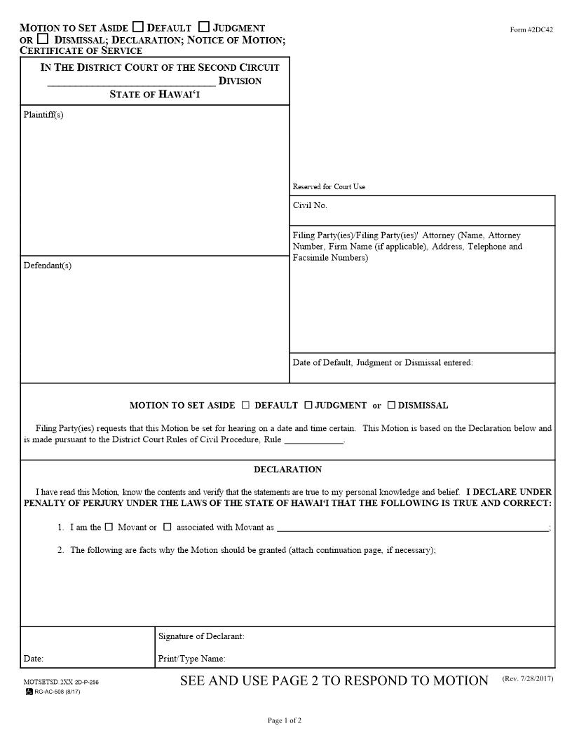 Motion To Set Aside Default Or Judgment Or Dismissal {2DC42} | Pdf Fpdf Doc Docx | Hawaii