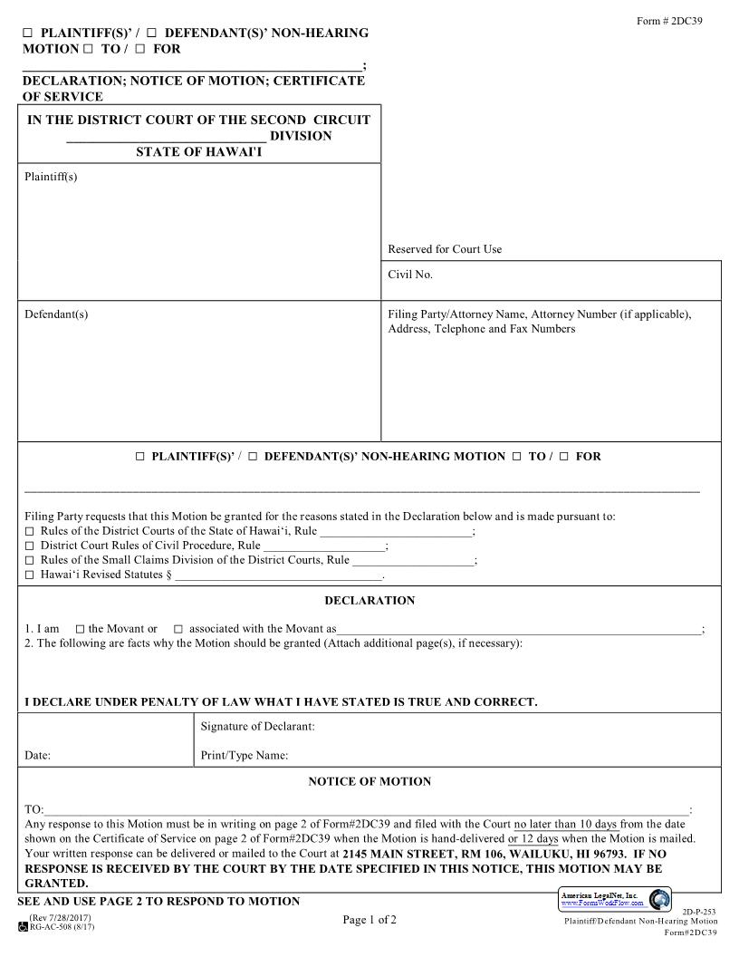 Non Hearing Motion {2DC39} | Pdf Fpdf Docx | Hawaii