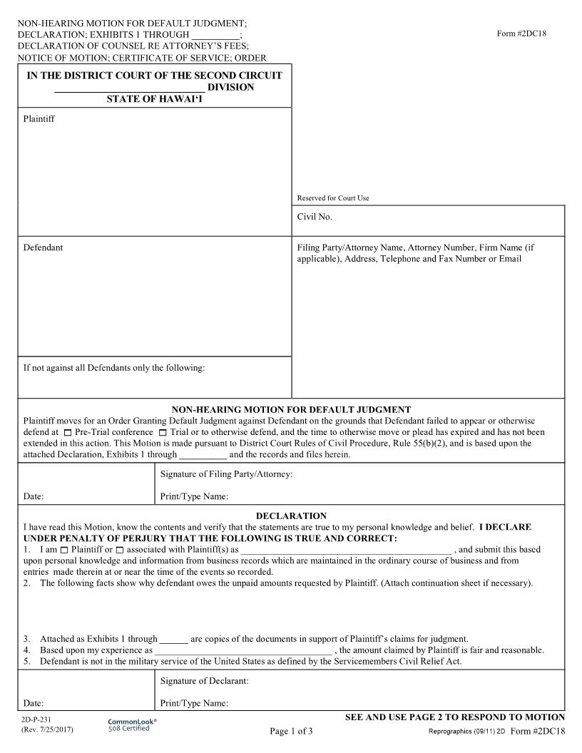 Non Hearing Motion For Default Judgment {2DC18} | Pdf Fpdf Doc Docx | Hawaii