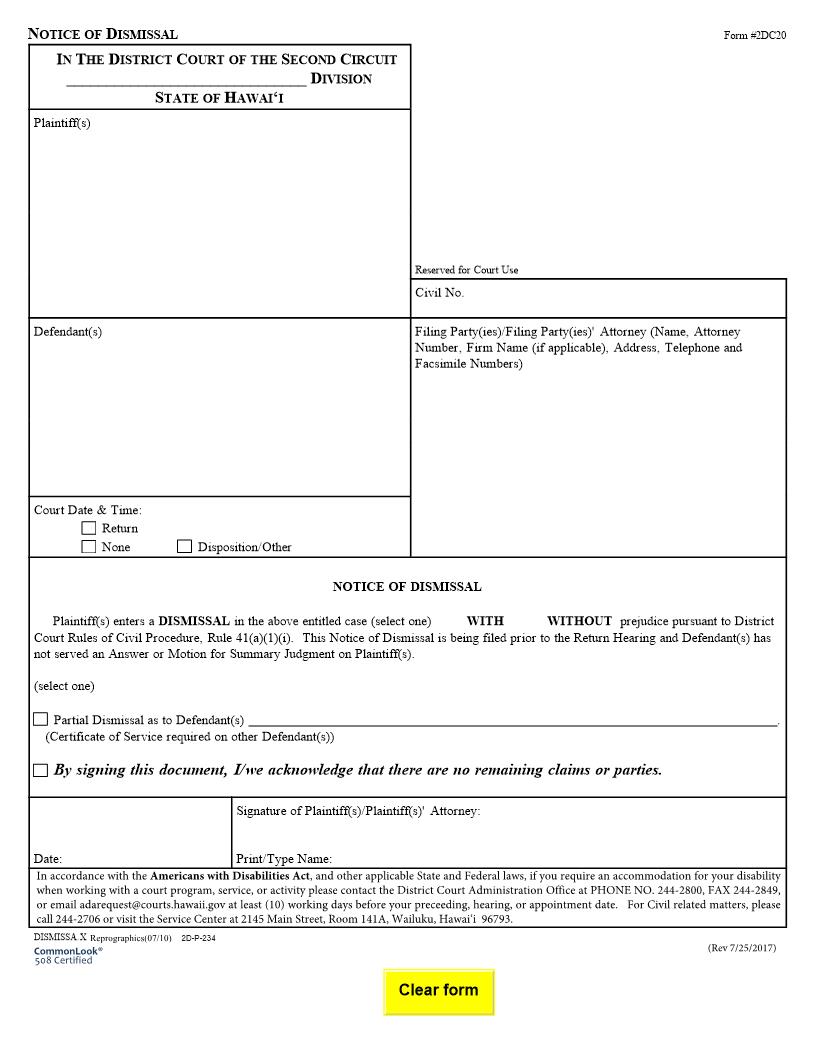 Notice Of Dismissal {2DC20} | Pdf Fpdf Doc Docx | Hawaii