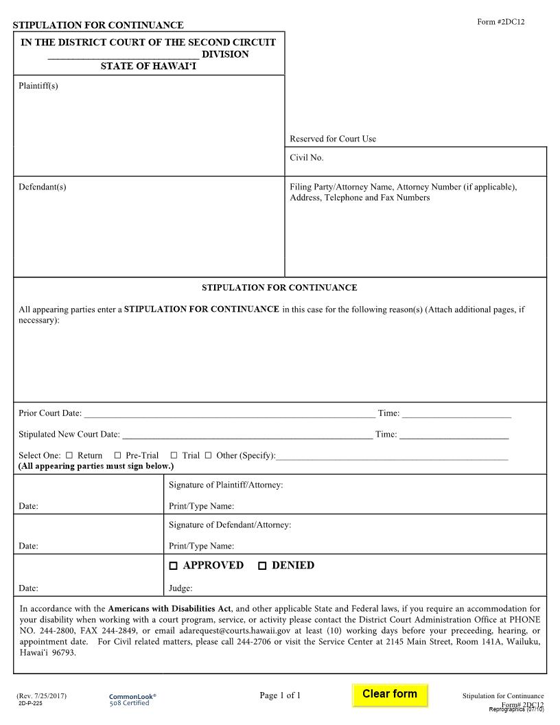 Stipulation For Continuance {2DC12} | Pdf Fpdf Doc Docx | Hawaii