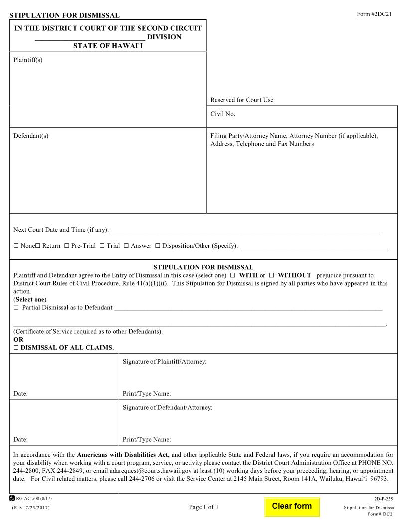 Stipulation For Dismissal {2DC21} | Pdf Fpdf Doc Docx | Hawaii