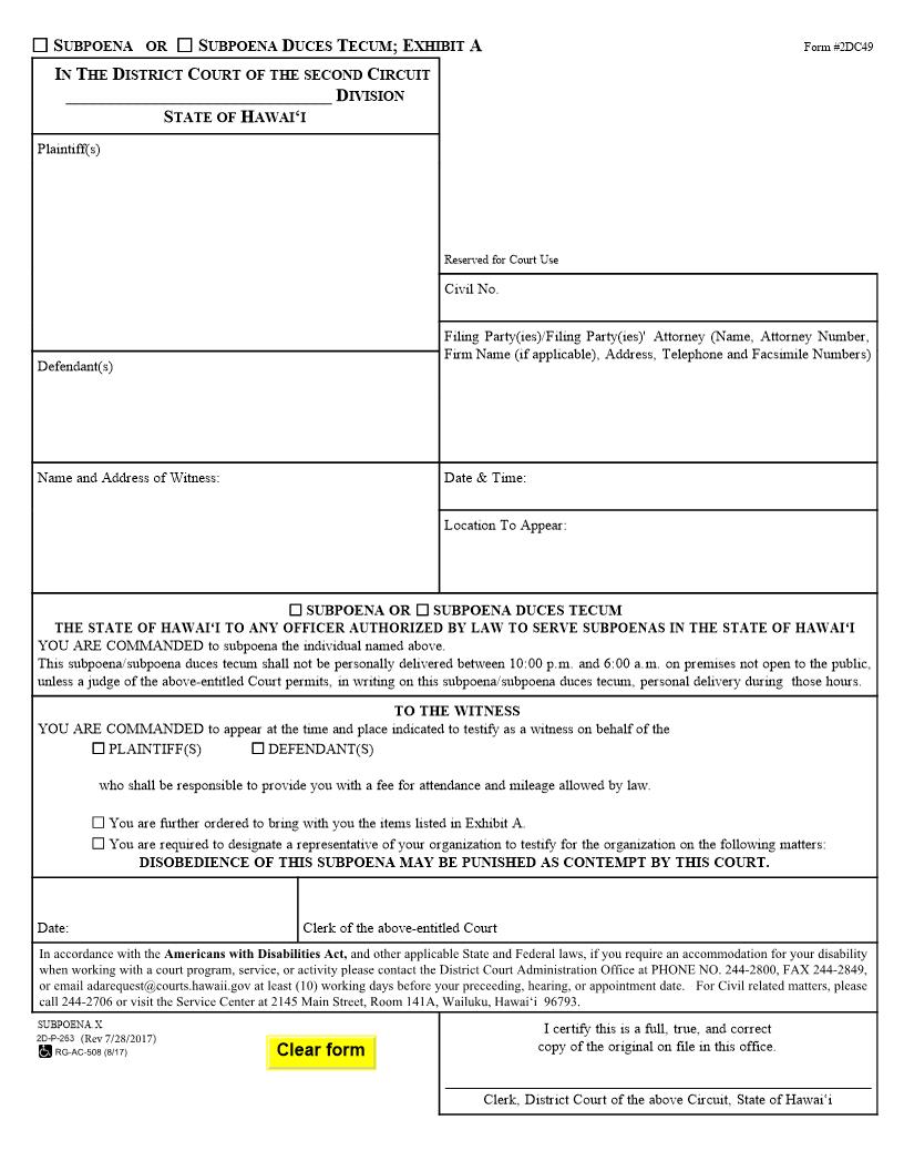 Subpoena Or Subpoena Duces Tecum {2DC49} | Pdf Fpdf Doc Docx | Hawaii