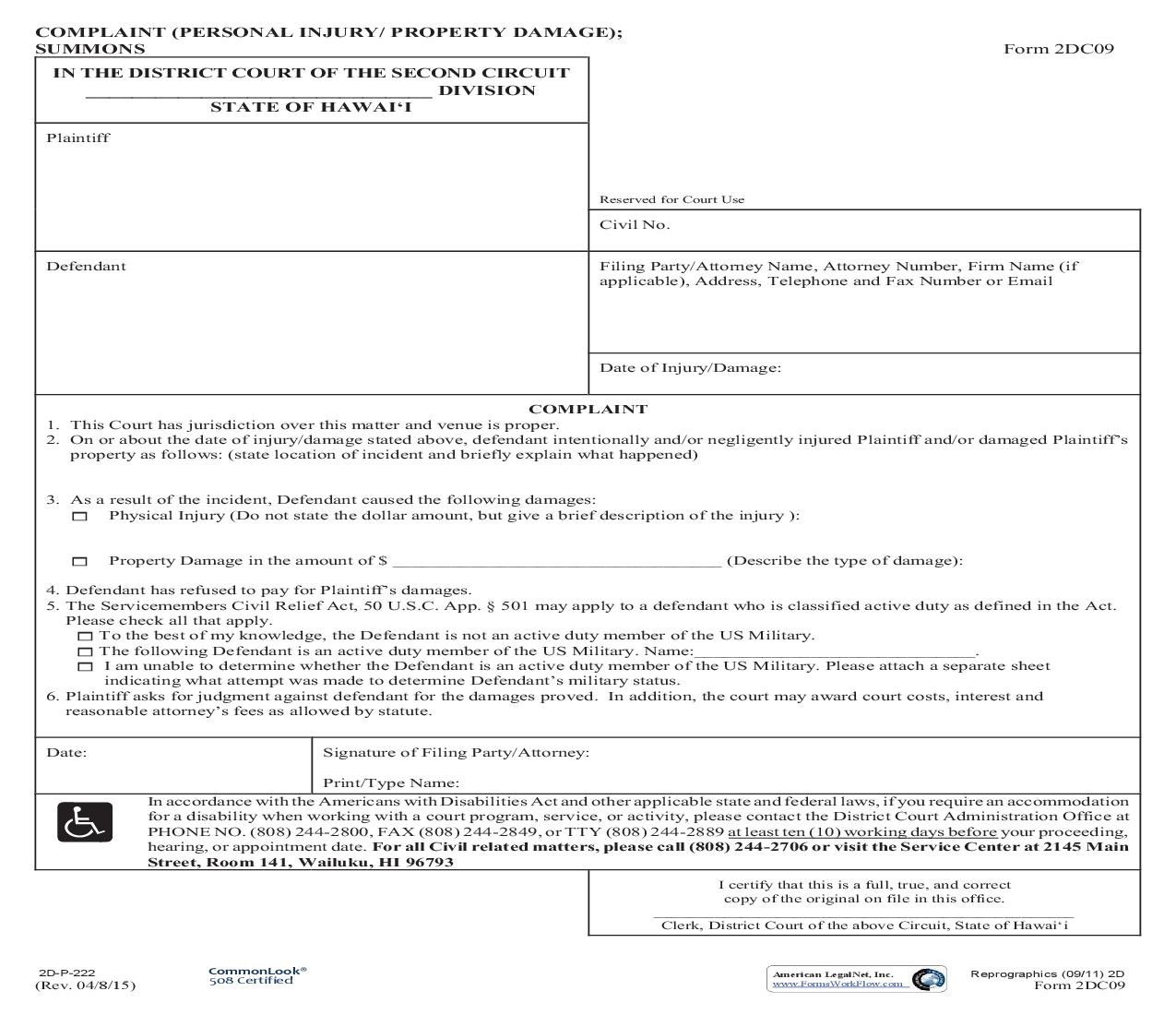 Complaint (Personal Injury-Property Damages) {2DC09} | Pdf Fpdf Doc Docx | Hawaii