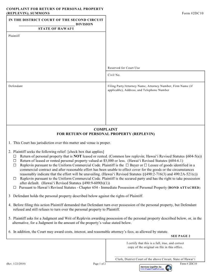 Complaint - For Return Of Personal Property (Replevin) {2DC10} | Pdf Fpdf Docx | Hawaii