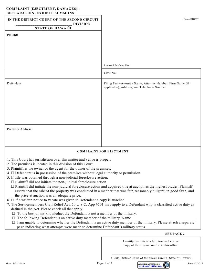 Complaint For Ejectment {2DC57} | Pdf Fpdf Docx | Hawaii