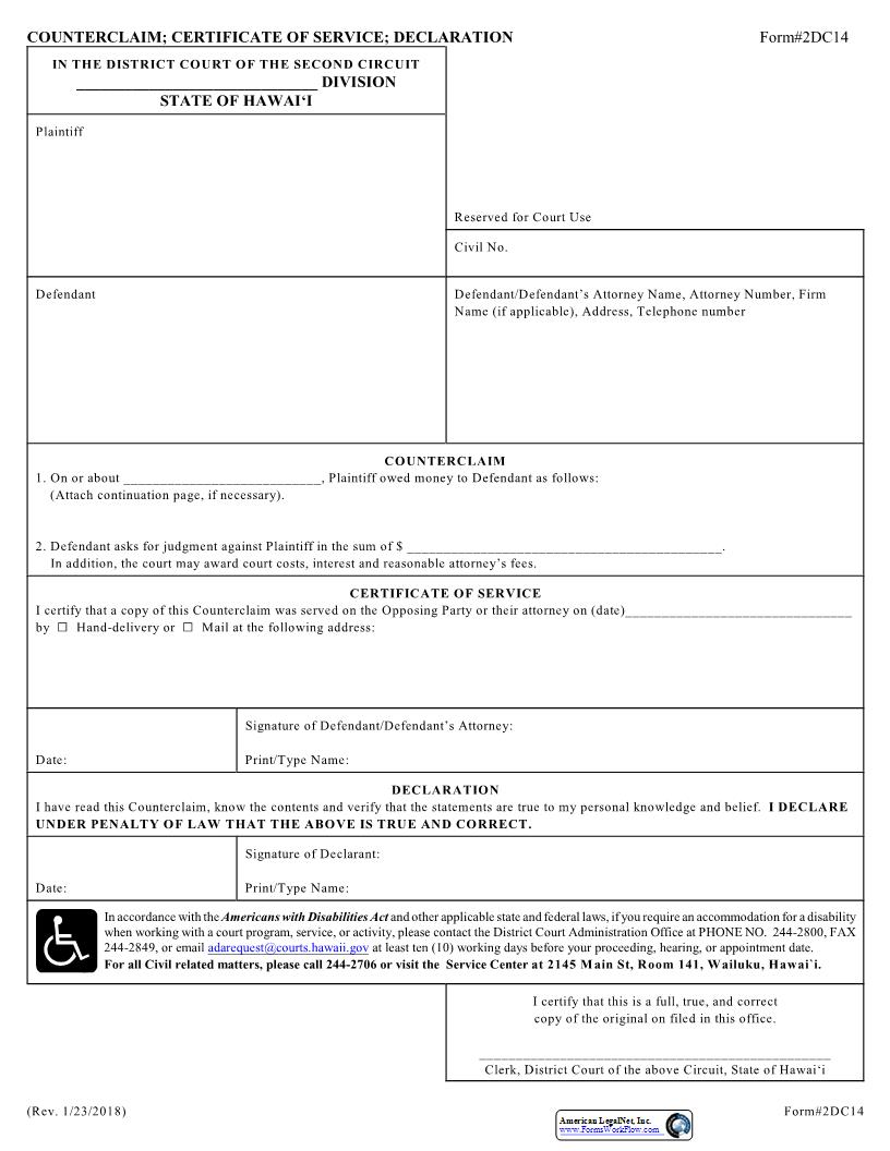 Counterclaim {2DC14} | Pdf Fpdf Docx | Hawaii