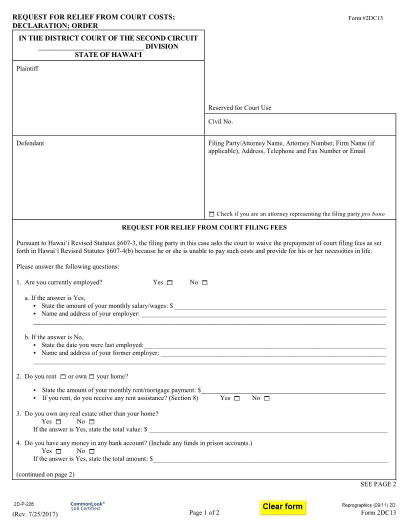 Ex Parte Application For Relief From Costs {2DC13} | Pdf Fpdf Doc Docx | Hawaii