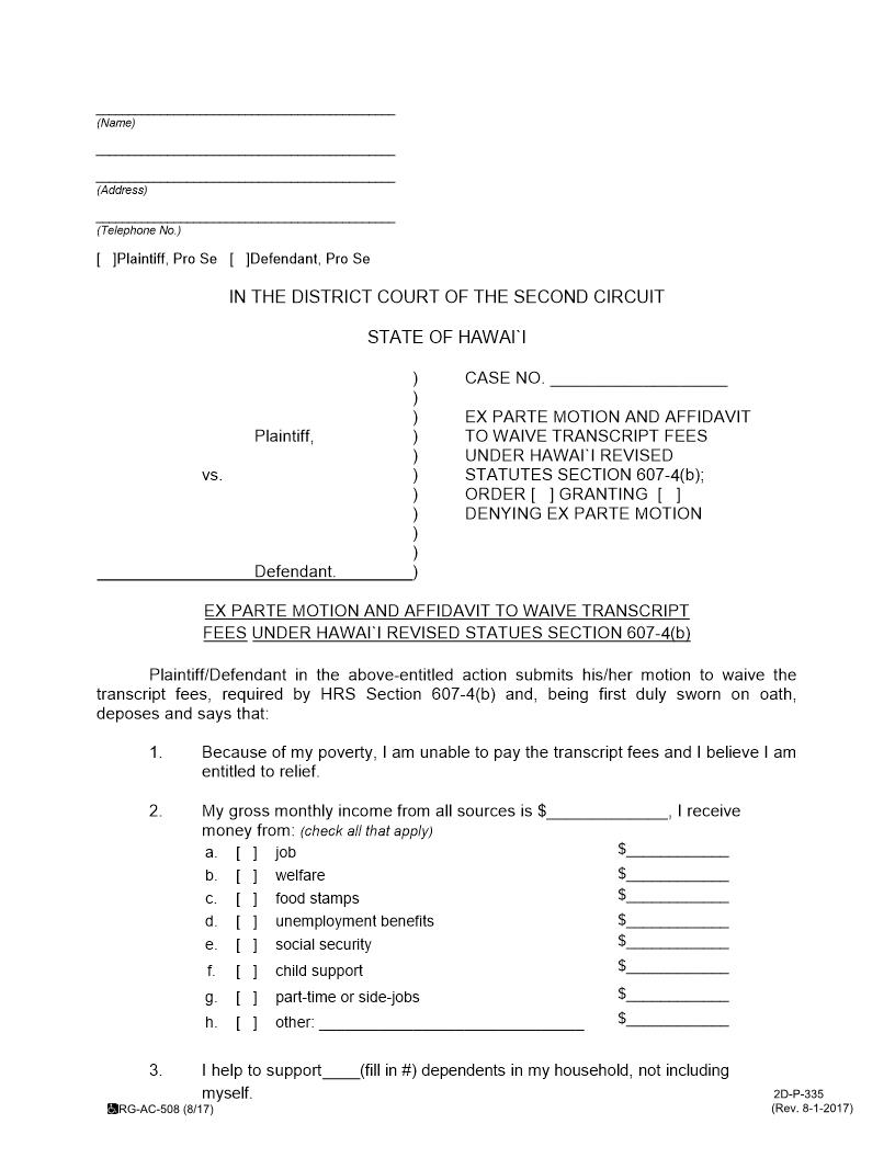 Ex Parte Motion And Affidvait To Waive Transcript Fees {2DP335} | Pdf Fpdf Docx | Hawaii