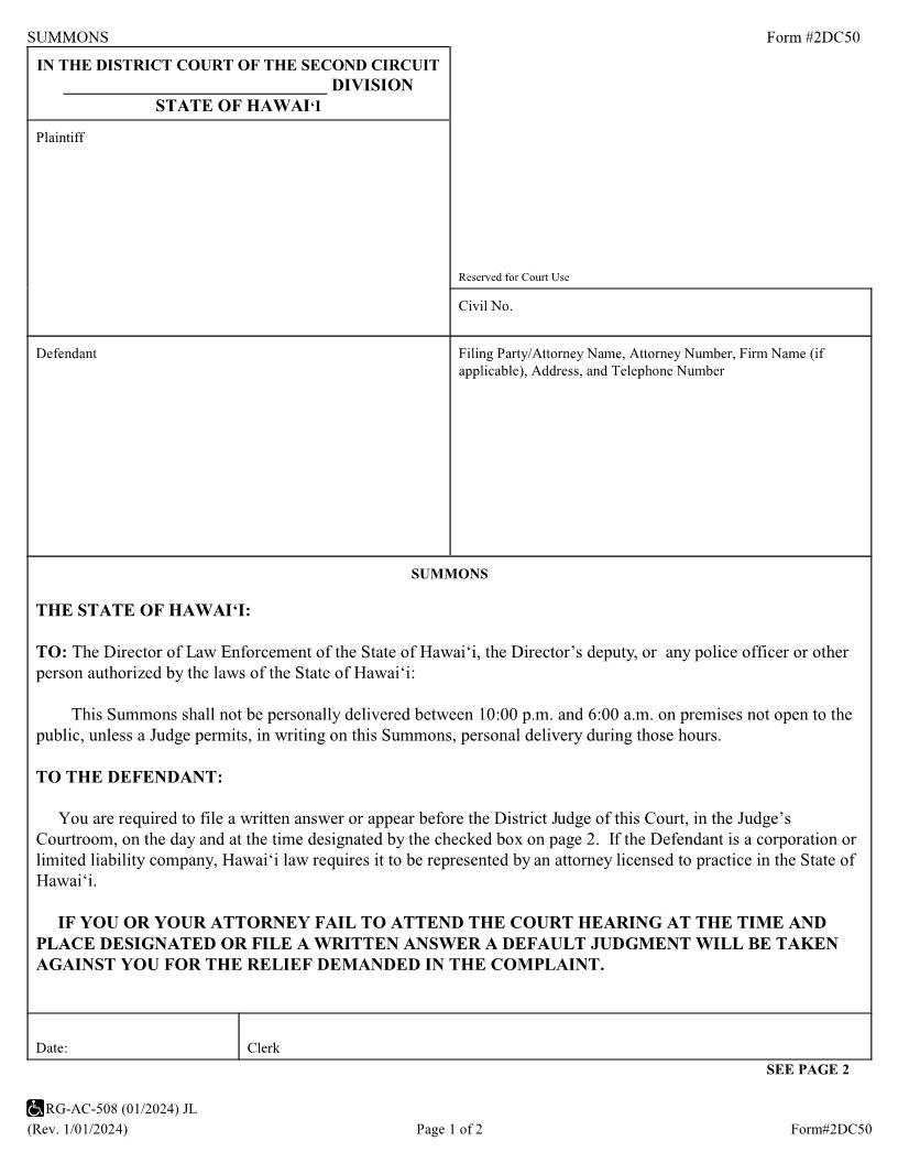 Summons {2DC50} | Pdf Fpdf Docx | Hawaii