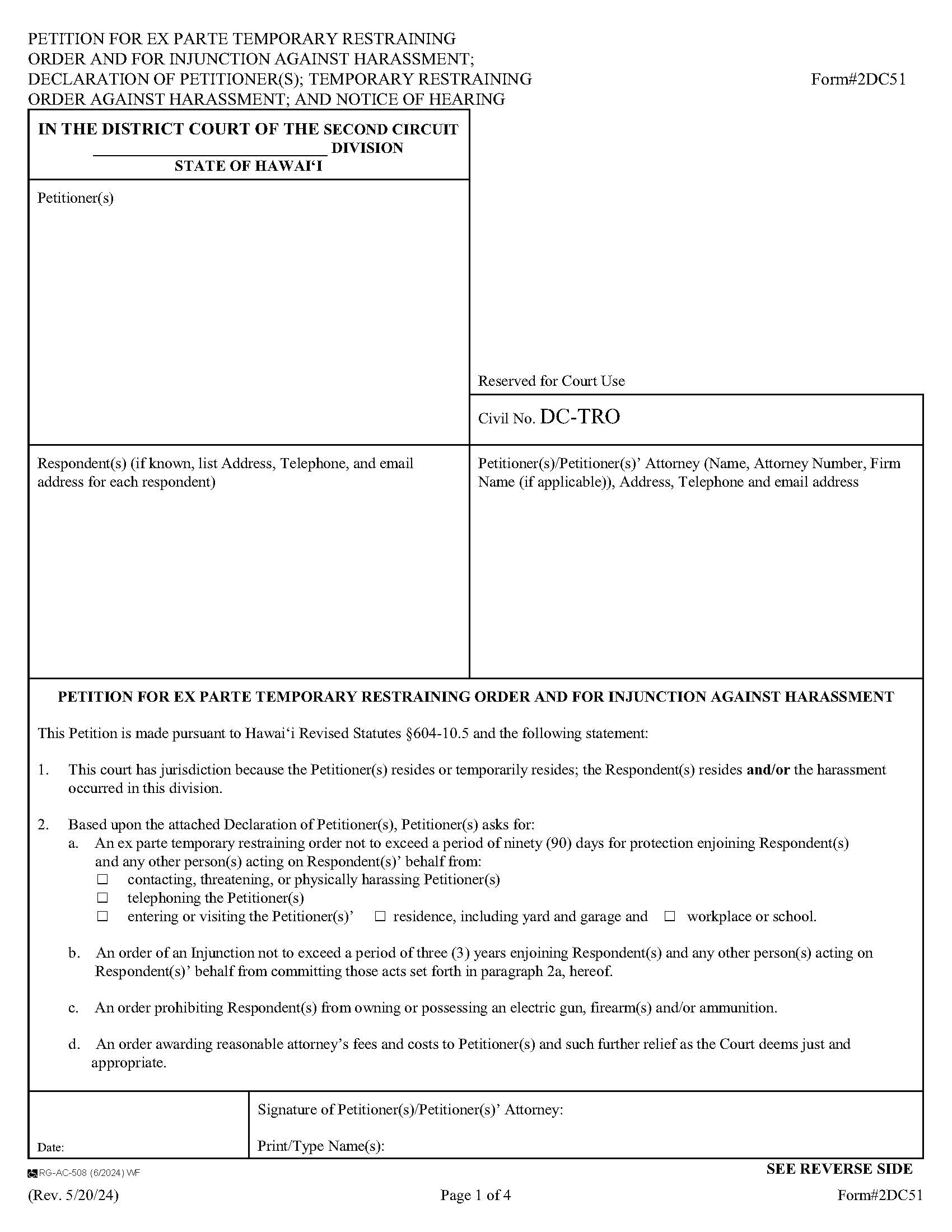 Petition For Ex Parte Temporary Restraining Order And For Injunction Against Harassment {2DC51} | Pdf Fpdf Doc Docx | Hawaii