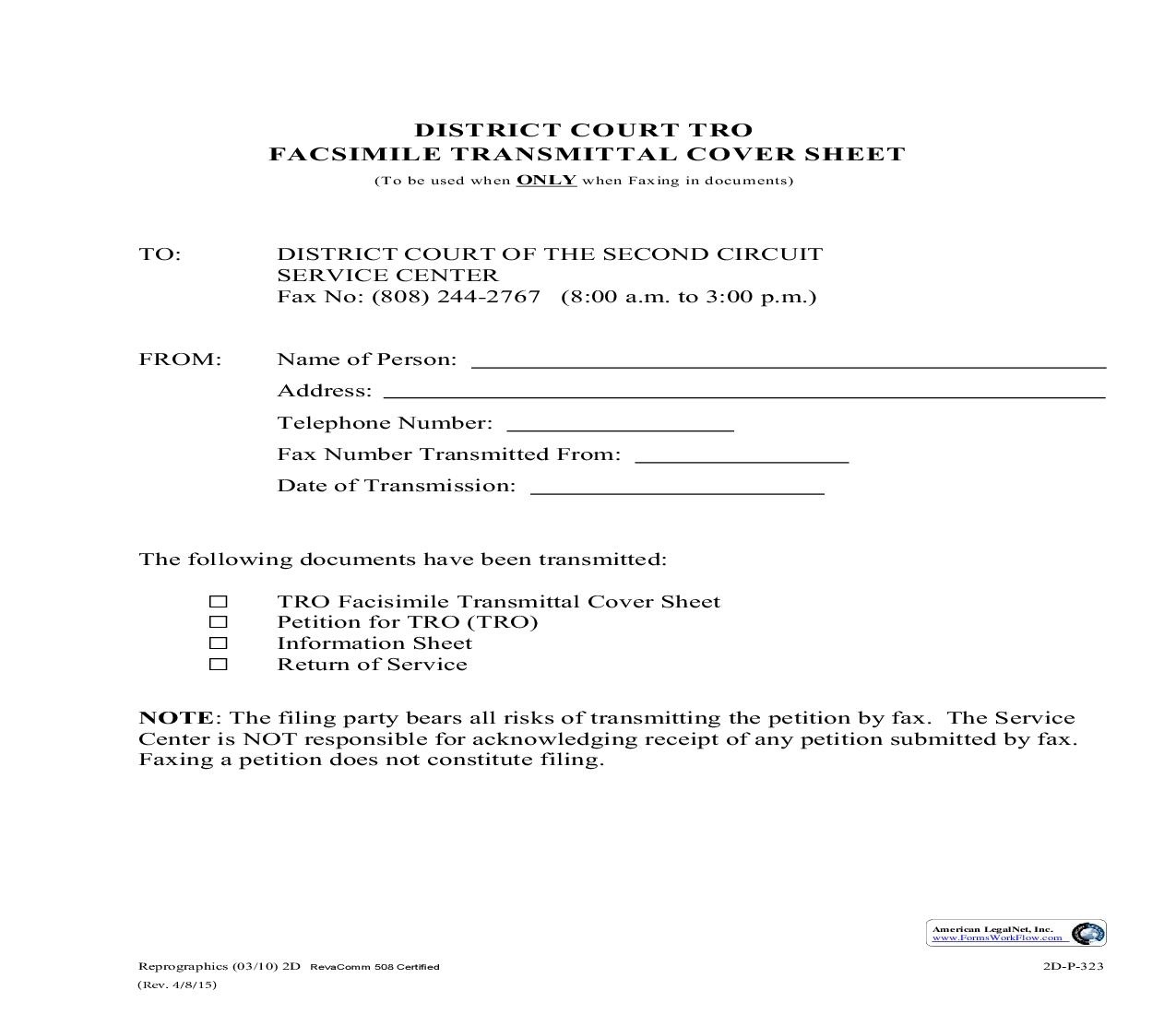 TRO Facsimile Transmittal Cover Sheet {2D-P-323} | Pdf Fpdf Doc Docx | Hawaii