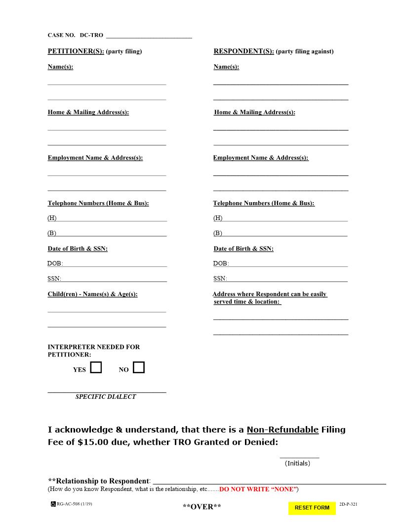 TRO Information Sheet {2D-P-321} | Pdf Fpdf Docx | Hawaii