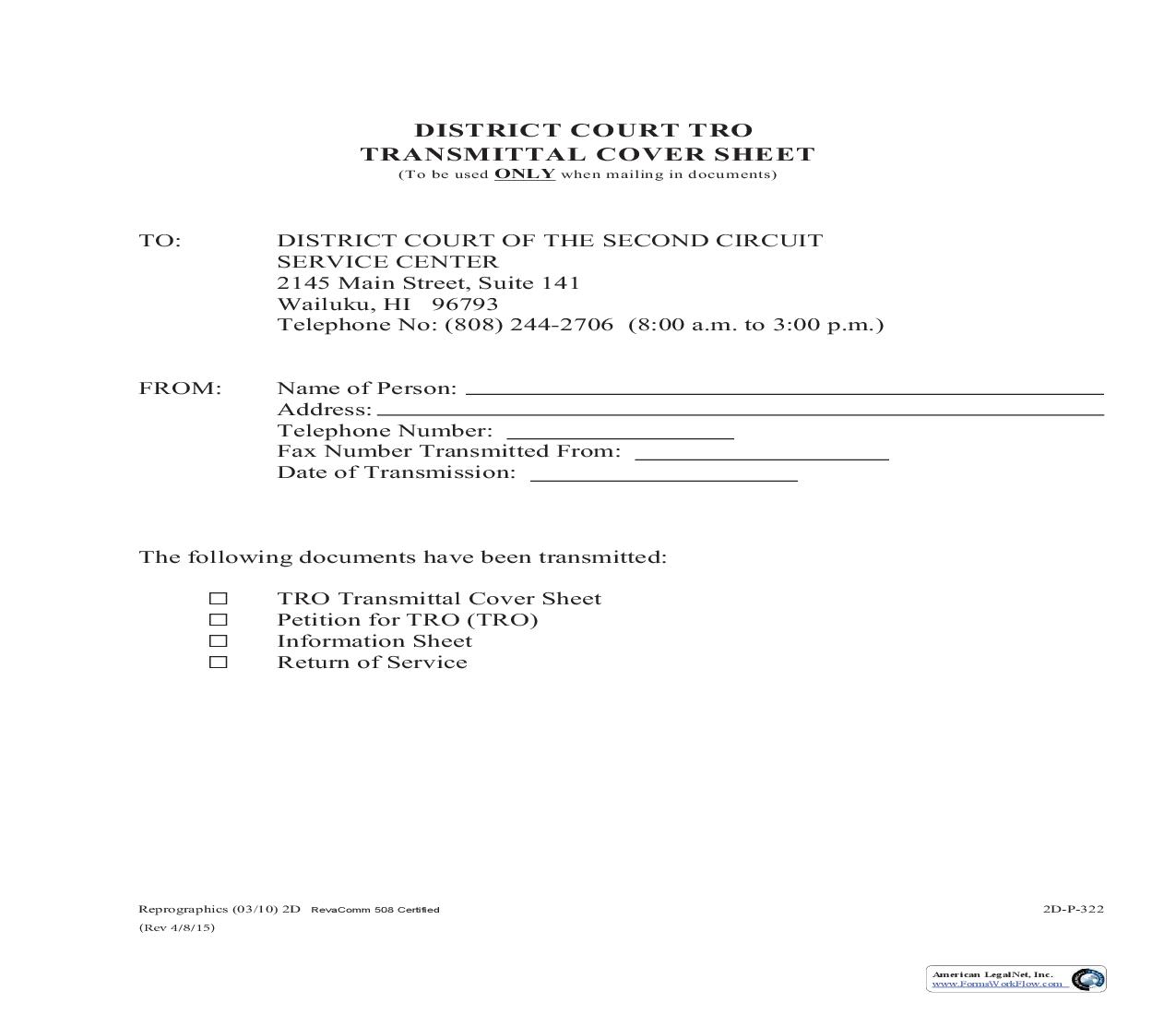 TRO Transmittal Cover Sheet {2D-P-322} | Pdf Fpdf Doc Docx | Hawaii