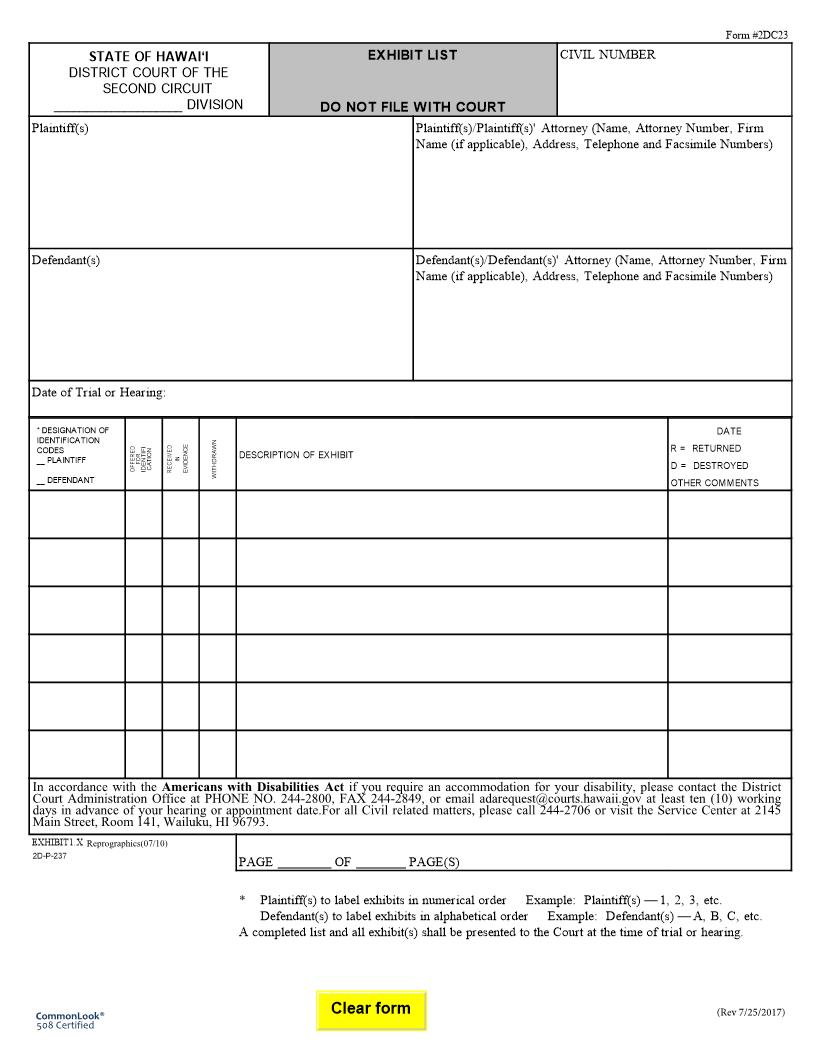 Exhibit List {2DC23} | Pdf Fpdf Doc Docx | Hawaii