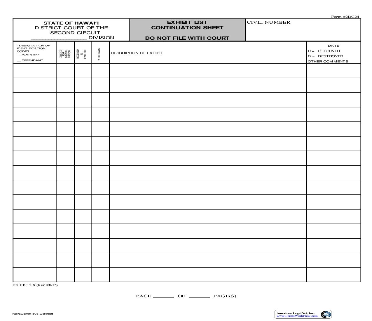 Exhibit List Continuation Sheet {2DC24} | Pdf Fpdf Doc Docx | Hawaii