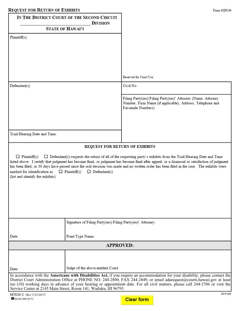 Request For Return Of Exhibits {2DC46} | Pdf Fpdf Doc Docx | Hawaii