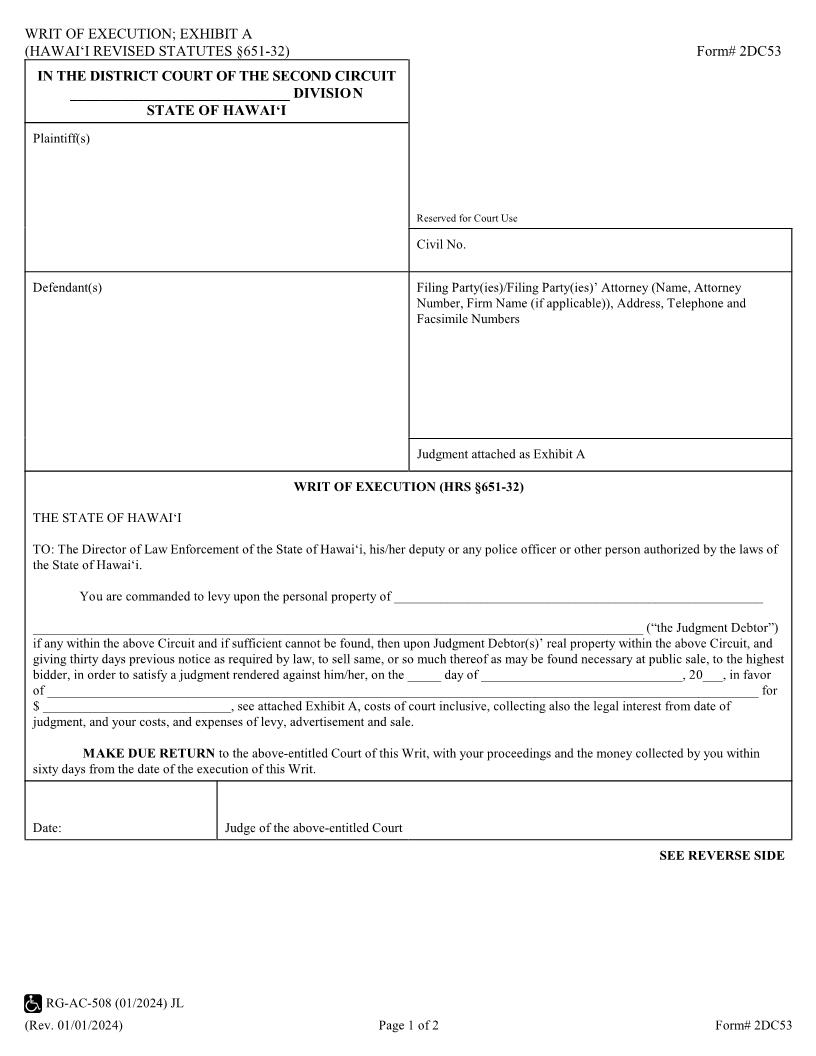 Writ Of Execution {2DC53} | Pdf Fpdf Doc Docx | Hawaii