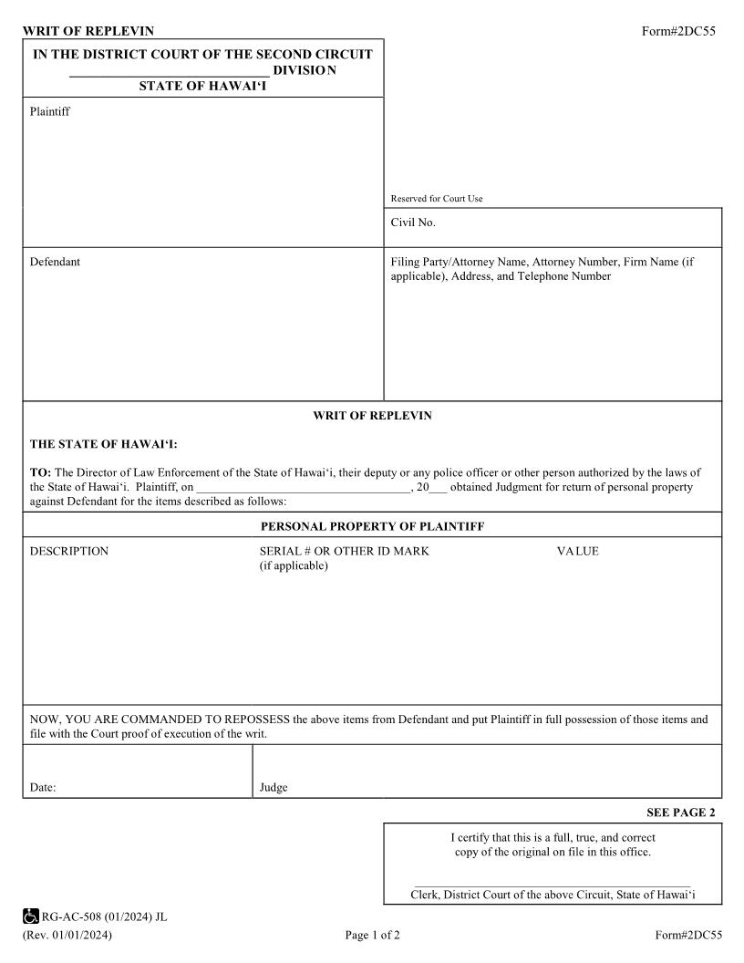 Writ Of Replevin {2DC55} | Pdf Fpdf Docx | Hawaii