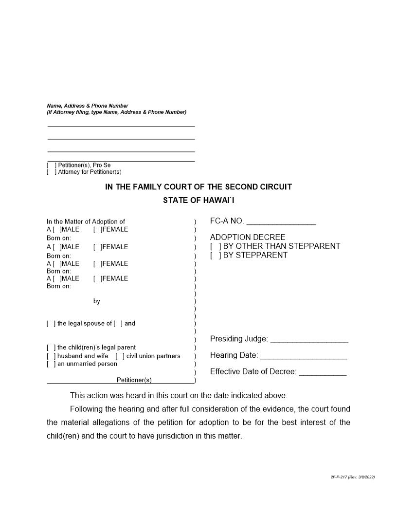 Adoption Decree Of Children {2F-P-217} | Pdf Fpdf Docx | Hawaii