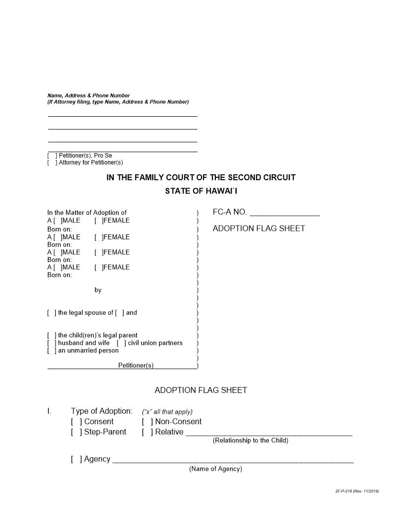 Adoption Hearing Flag Sheet {2F-P-218} | Pdf Fpdf Docx | Hawaii