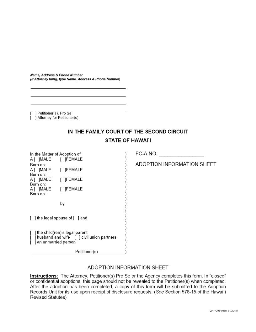 Adoption Information Sheet {2F-P-219} | Pdf Fpdf Docx | Hawaii