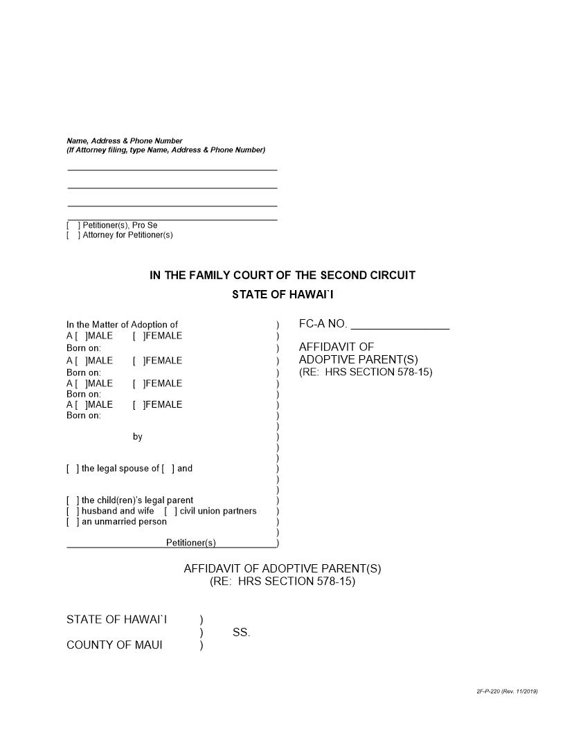 Affidavit Of Adoptive Parents {2F-P-220} | Pdf Fpdf Docx | Hawaii