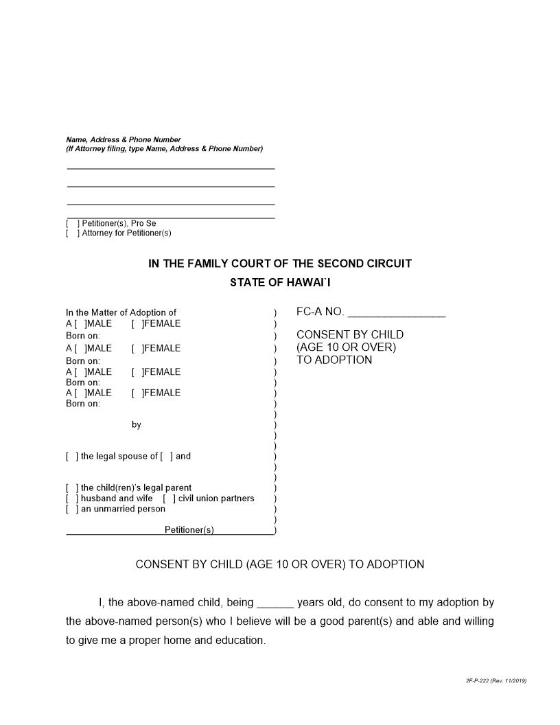 Consent By Child Age 10 Or Over To Adoption {2F-P-222} | Pdf Fpdf Docx | Hawaii