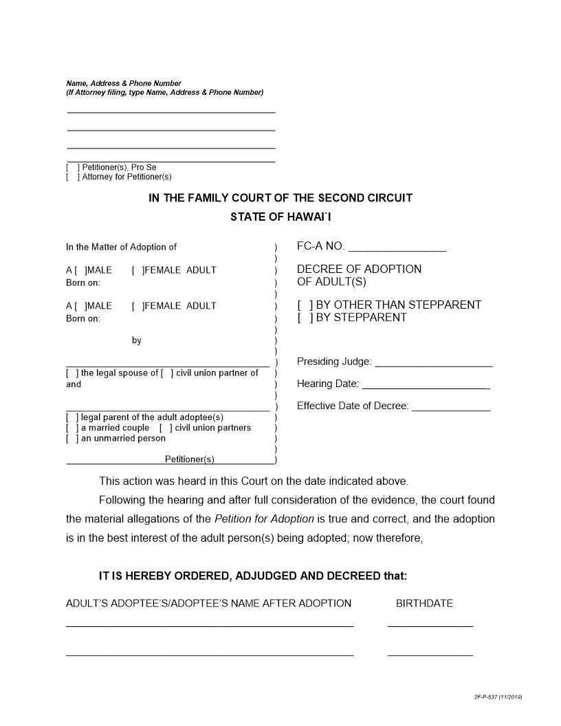 Decree Of Adoption Of Adults {2F-P-537} | Pdf Fpdf Docx | Hawaii