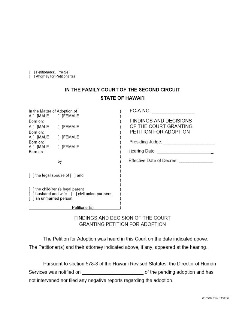 Findings And Decision Of The Court Granting Petition For Adoption {2F-P-229} | Pdf Fpdf Docx | Hawaii