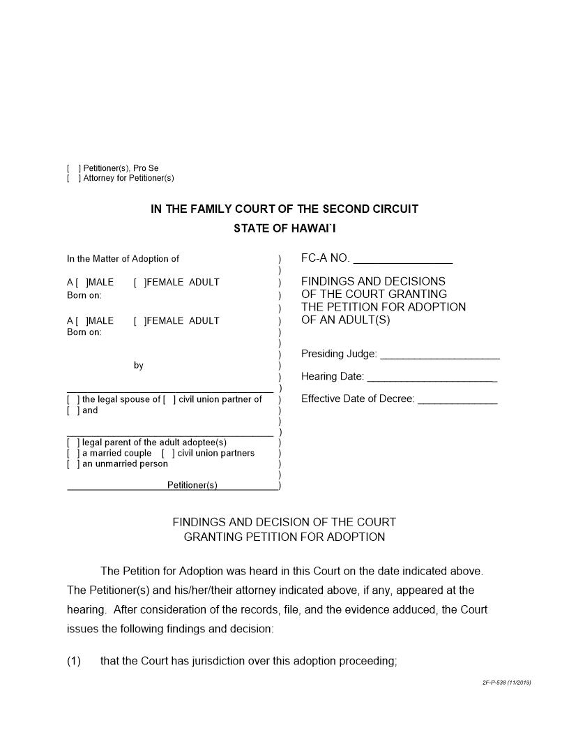 Findings And Decisions Of The Court Granting The Petition For Adoption Of An Adult {2F-P-538} | Pdf Fpdf Docx | Hawaii