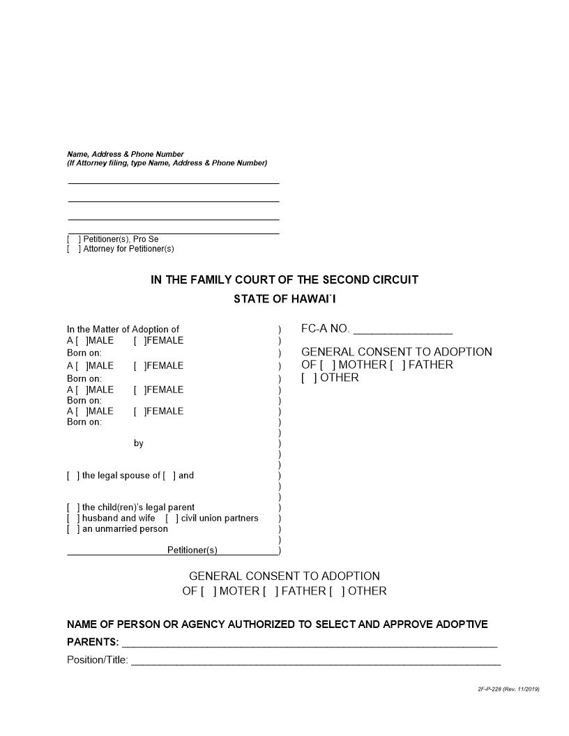 General Consent To Adoption {2F-P-228} | Pdf Fpdf Docx | Hawaii