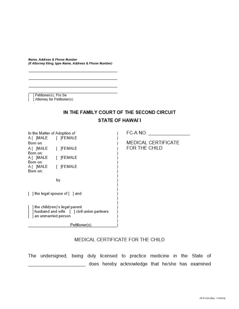 Medical Certificate For The Child {2F-P-223} | Pdf Fpdf Docx | Hawaii