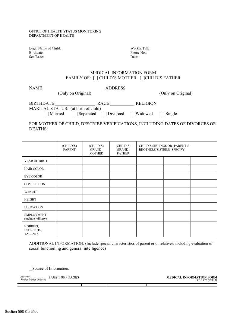 Medical Information Form {2F-P-225} | Pdf Fpdf Docx | Hawaii