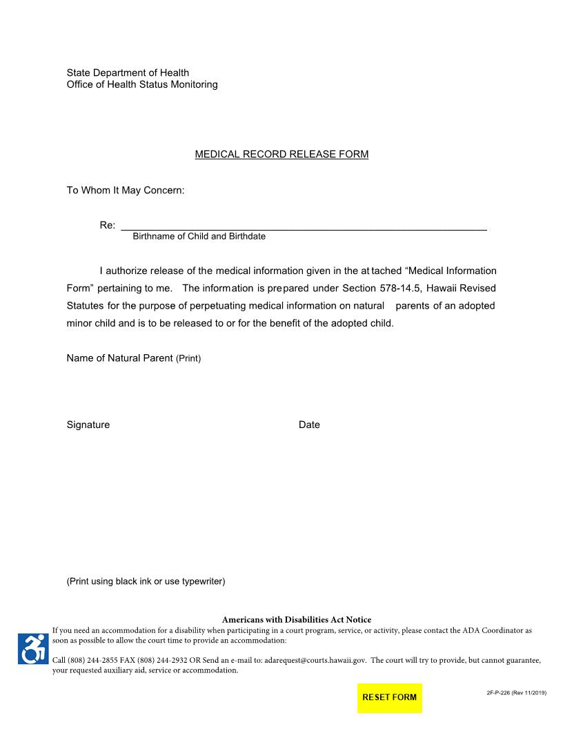 Medical Release Form {2F-P-226} | Pdf Fpdf Docx | Hawaii