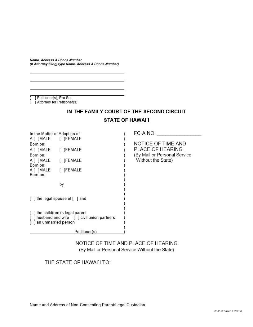 Notice Of Hearing By Mail Or Personal Service Without The State {2F-P-211} | Pdf Fpdf Docx | Hawaii