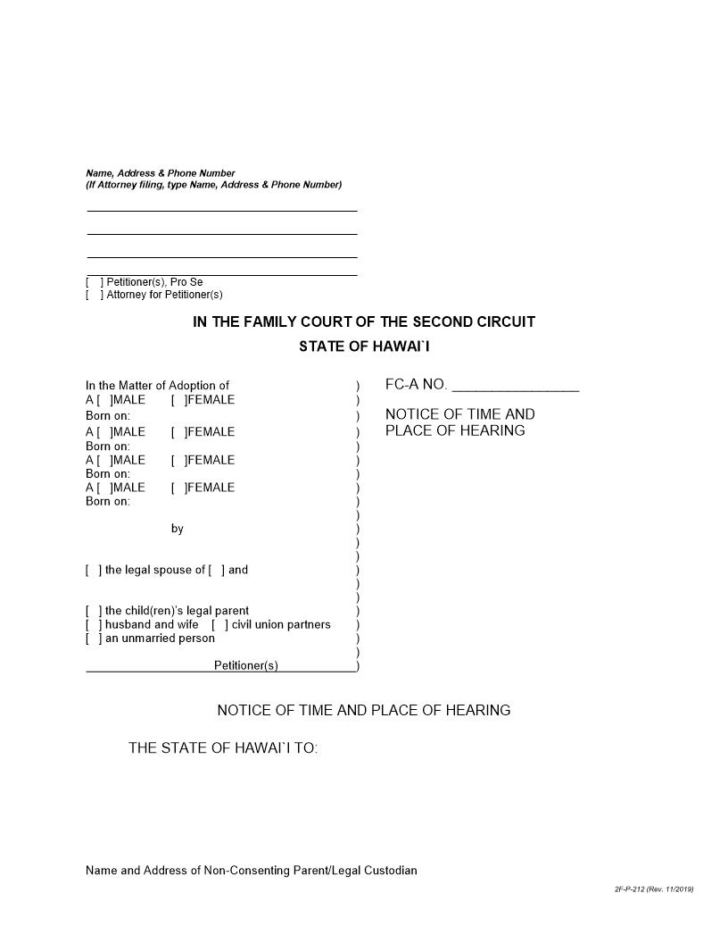 Notice Of Time And Place Of Hearing {2F-P-212} | Pdf Fpdf Docx | Hawaii