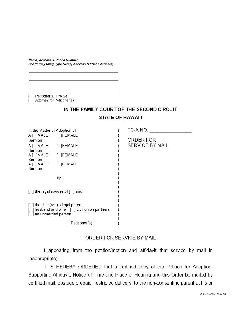 Order For Personal Service By Mail {2F-P-215} | Pdf Fpdf Docx | Hawaii