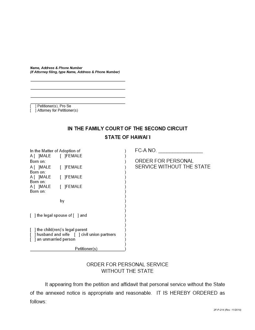 Order For Personal Service Without The State {2F-P-214} | Pdf Fpdf Docx | Hawaii